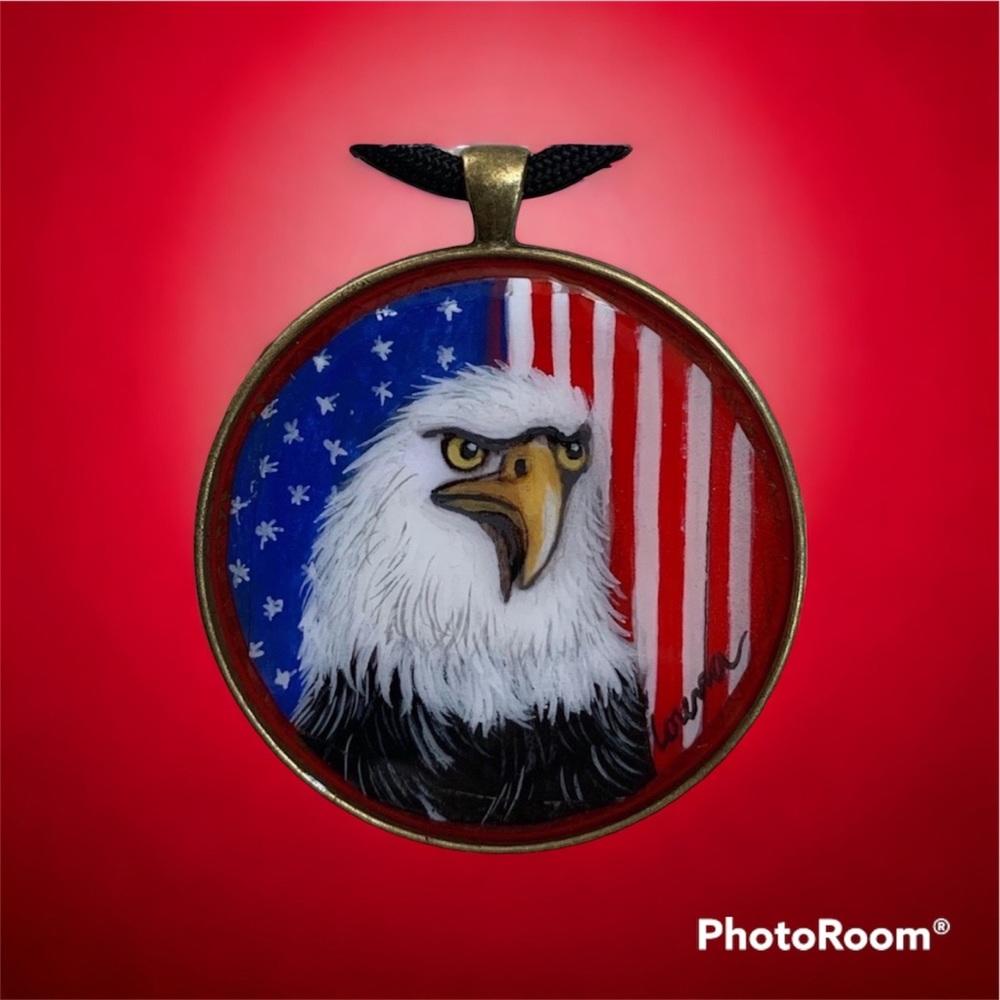 American Flag and Eagle all Handpainted LG Pendant 4th of July jewelry Birds